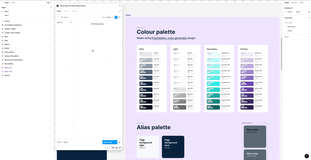 Showing how to add colour tokens and apply aliases within Token Studio.